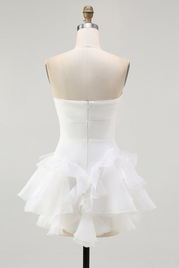 White A-Line Strapless Chiffon Ruffled Short Graduation Dress